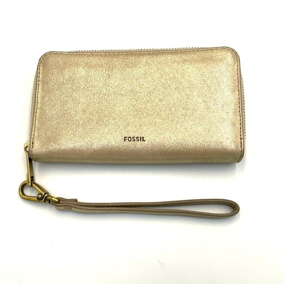 Fossil Gold Metallic Leather Zip Around Wallet Wristlet - Picture 1 of 4